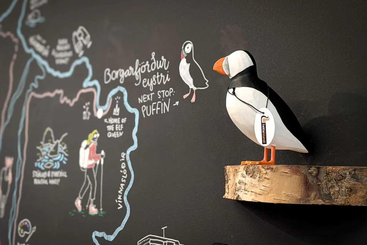 Wooden puffin display at Hús Handanna, Egilsstaðir.