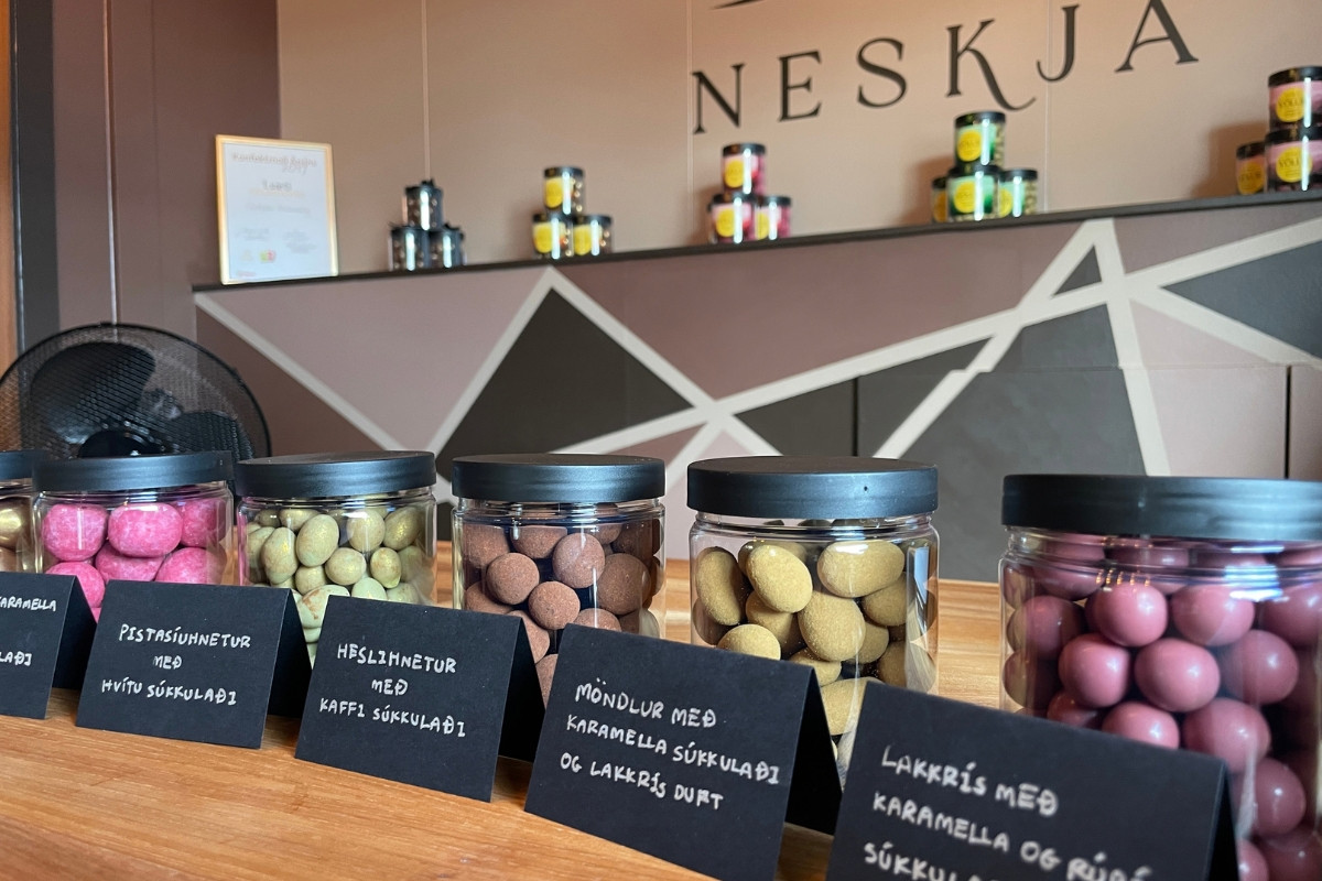 Chocolate-covered nuts and licorice treats at Neskja in Grindavik
