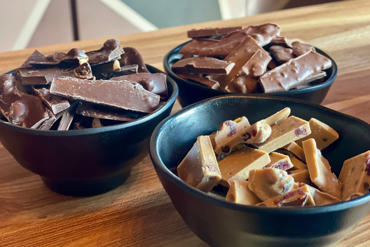 Assorted artisan chocolate bark at Neskja in Grindavik, recommended by Handpicked Iceland.