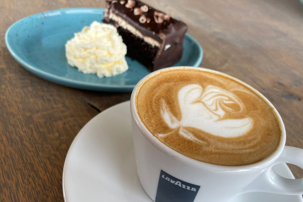 Cappuccino and chocolate cake at Pure Deli, Reykjavik.