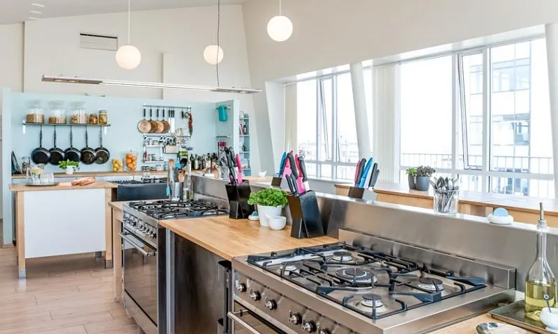 Modern kitchen interior at Salt Eldhús cooking school in Reykjavik, recommended by Handpicked Iceland.
