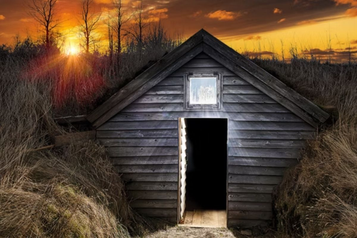 Entrance to the man-made Caves of Hella tourist attraction in Iceland at dusk.