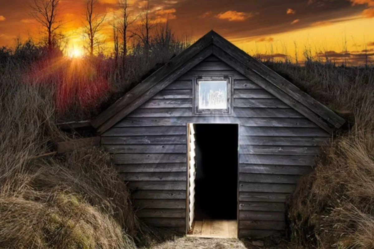 Entrance to the man-made Caves of Hella tourist attraction in Iceland at dusk.