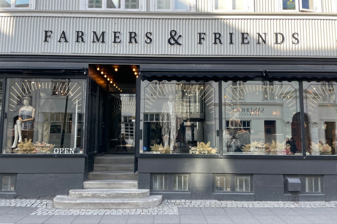 Exterior of Farmers & Friends boutique on Laugavegur, Reykjavik, with Icelandic wool fashion displays.