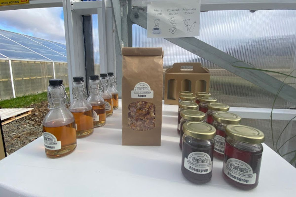 Locally produced syrups and teas at Gróðurhúsið Starrastöðum Cafe, Iceland.