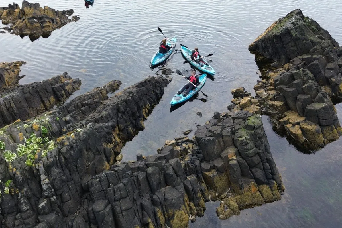 Kayakar tour group exploring the scenic volcanic rocks of Skagaströnd, recommended by Handpicked Iceland.
