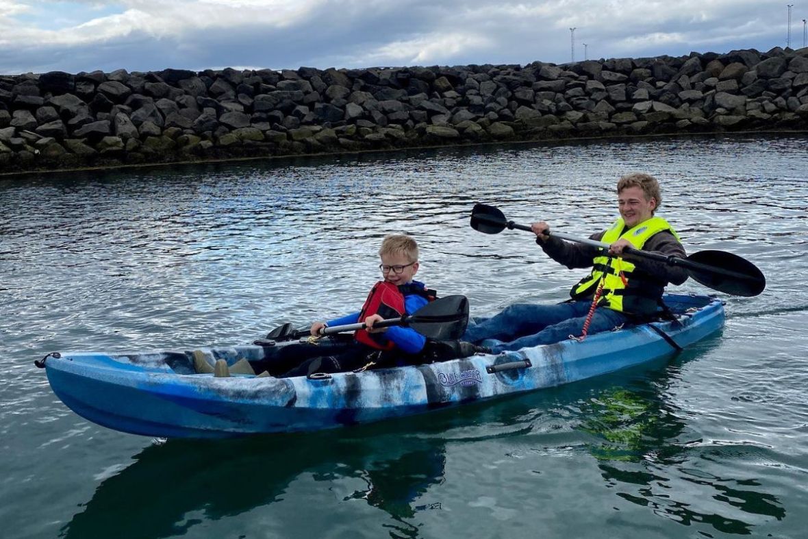 Tandem kayaking for kids and adults in the calm waters of Skagaströnd with Kayakar.