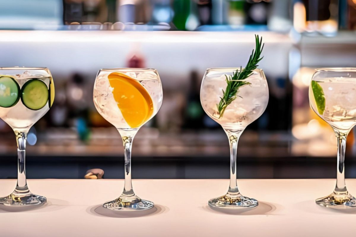 A row of diverse gin and tonic cocktails.