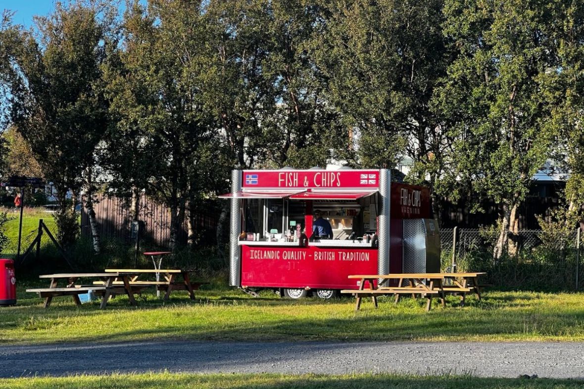 Wide shot of the Fish and Chips Vagninn wagon and wooden picnic benches on a grassy field in Reykjavik.