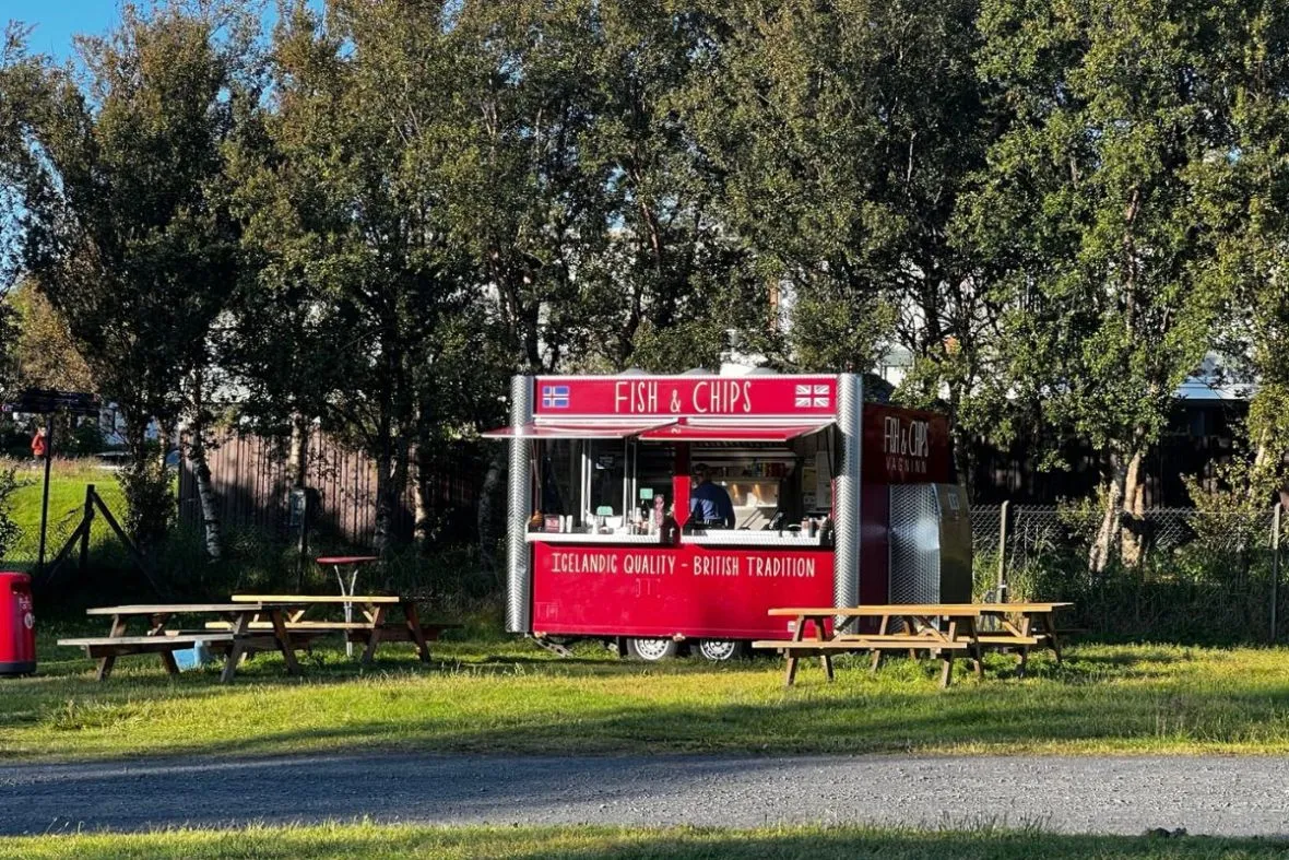 Wide shot of the Fish and Chips Vagninn wagon and wooden picnic benches on a grassy field in Reykjavik.