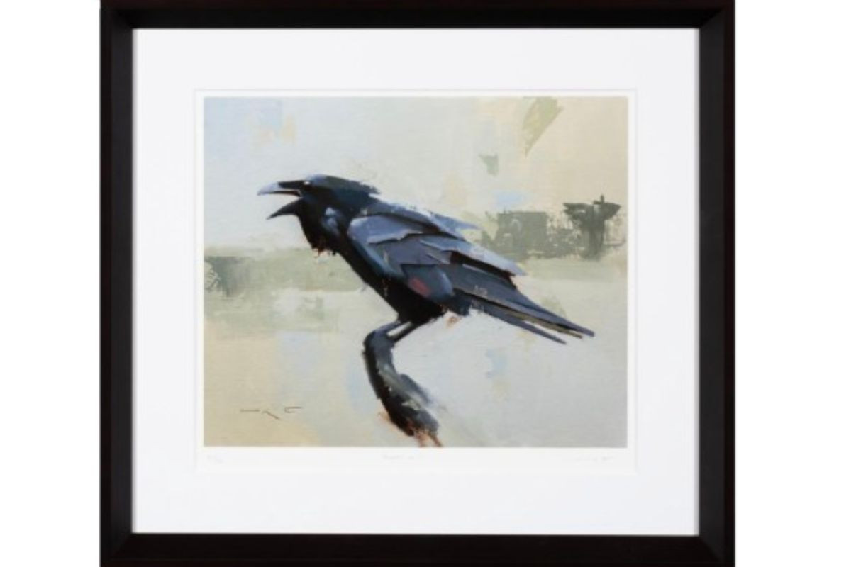 Modern raven painting in a black frame.
