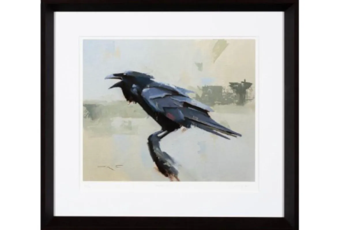 Modern raven painting in a black frame.
