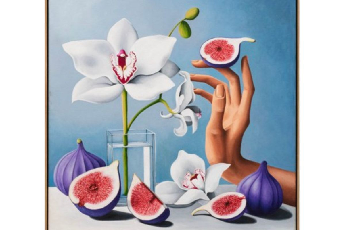 Surrealist orchid and fig oil painting.