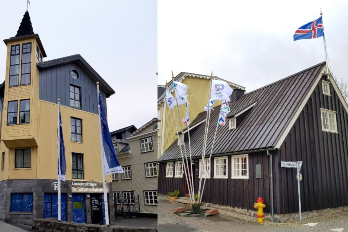 Exterior of The Settlement Exhibition museum and historic wooden buildings in downtown Reykjavik, recommended by Handpicked Iceland.