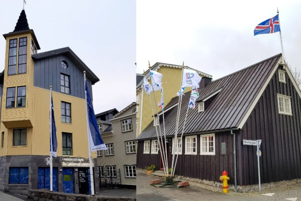 Exterior of The Settlement Exhibition museum and historic wooden buildings in downtown Reykjavik, recommended by Handpicked Iceland.