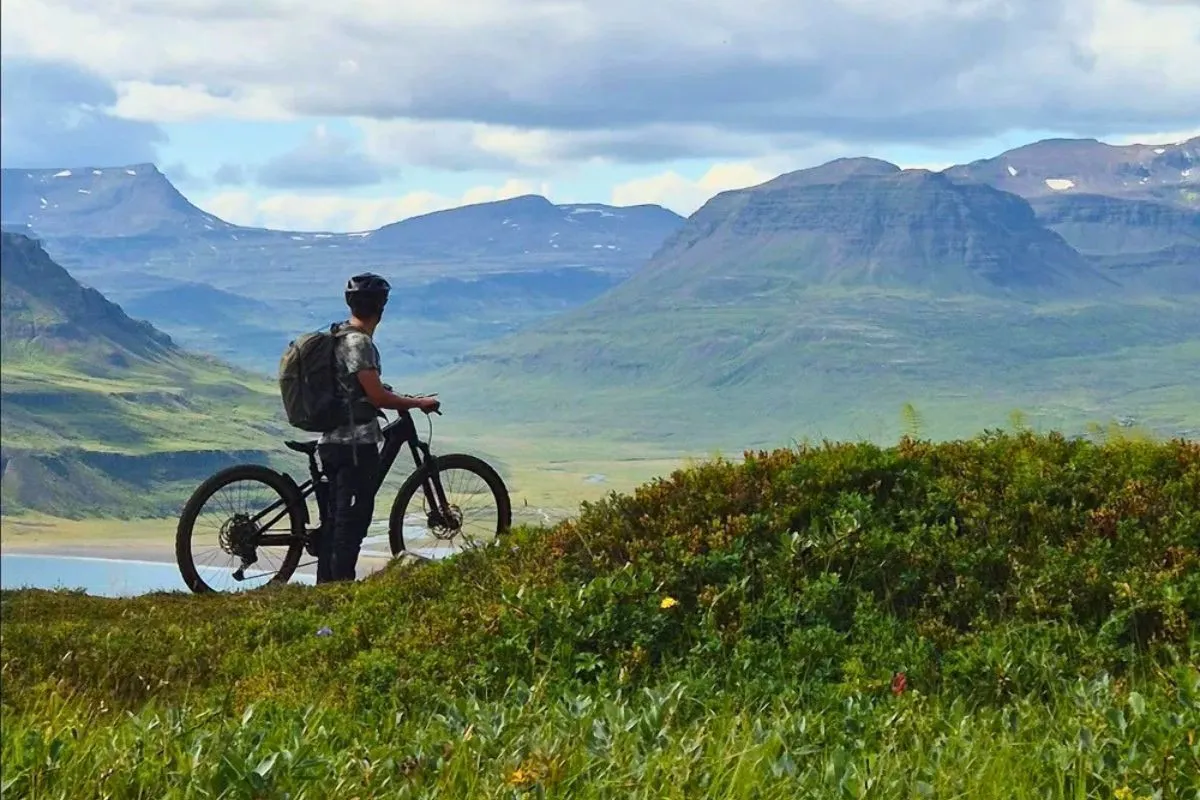 A mountain biker with Fjords Bike in the lush green valleys and mountains of Borgarfjörður Eystri, recommended by Handpicked Iceland.
