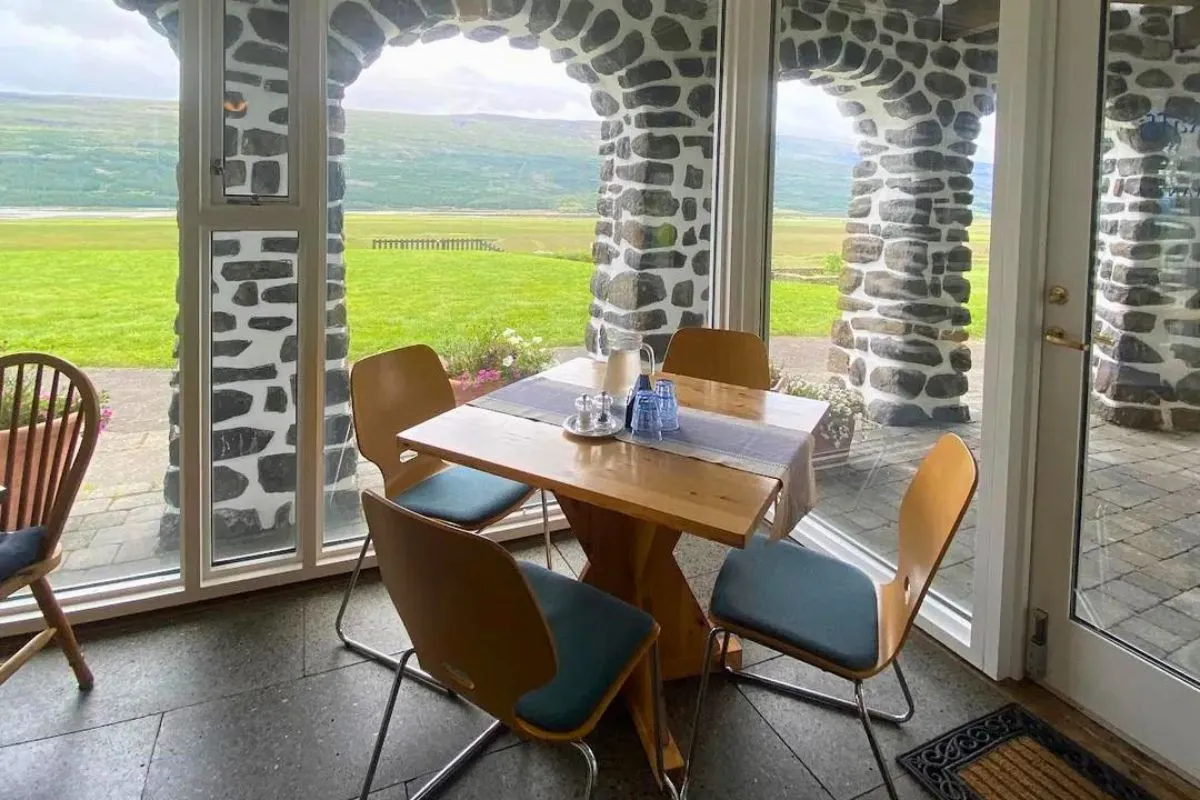 Dining area at Klausturkaffi overlooking the Fljótsdalur valley.