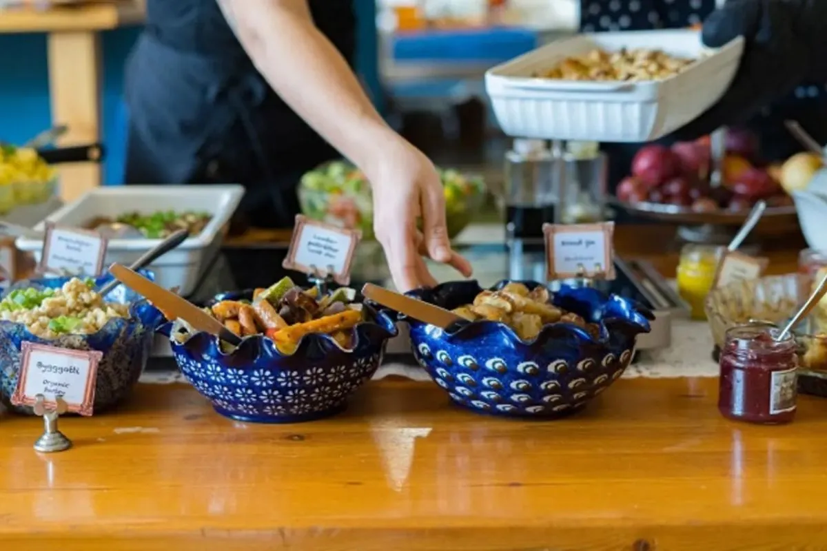 Buffet dishes with salads and roasted potatoes at Klausturkaffi – Café.