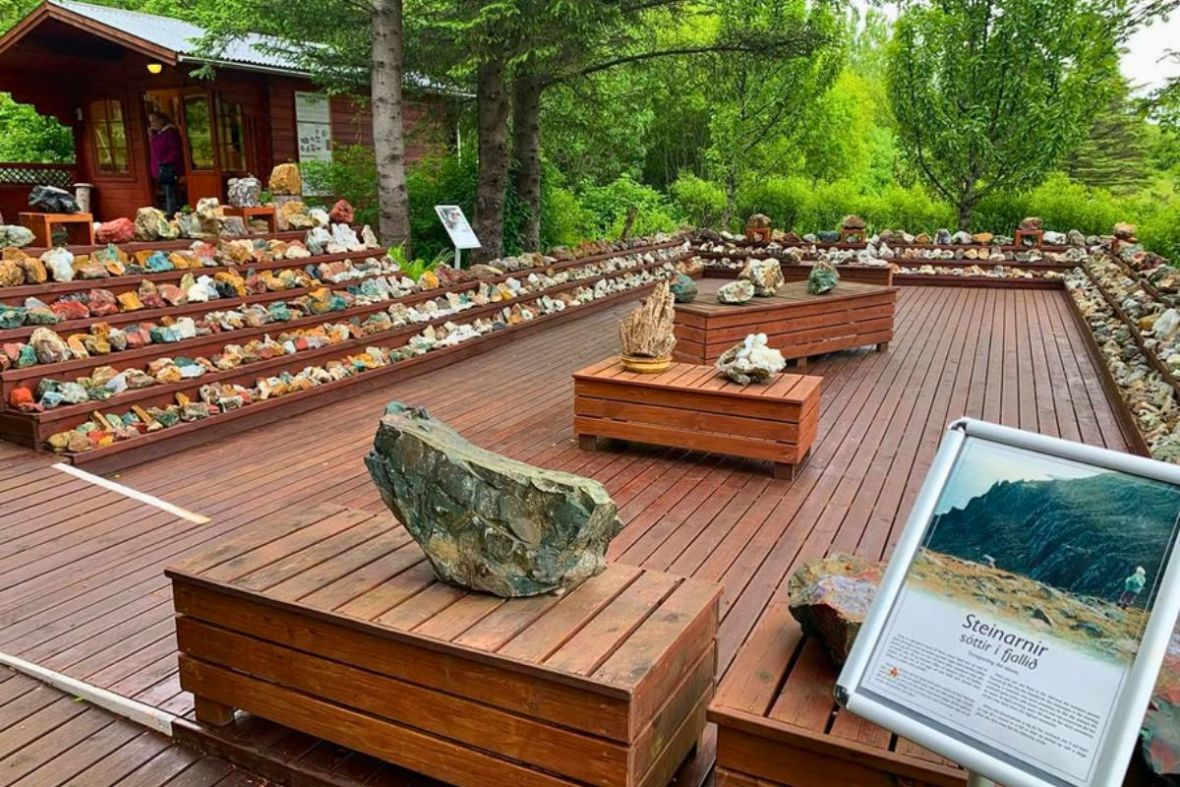 Unique Icelandic rocks, minerals, and geological information signs on display at Petra's Stone Collection.