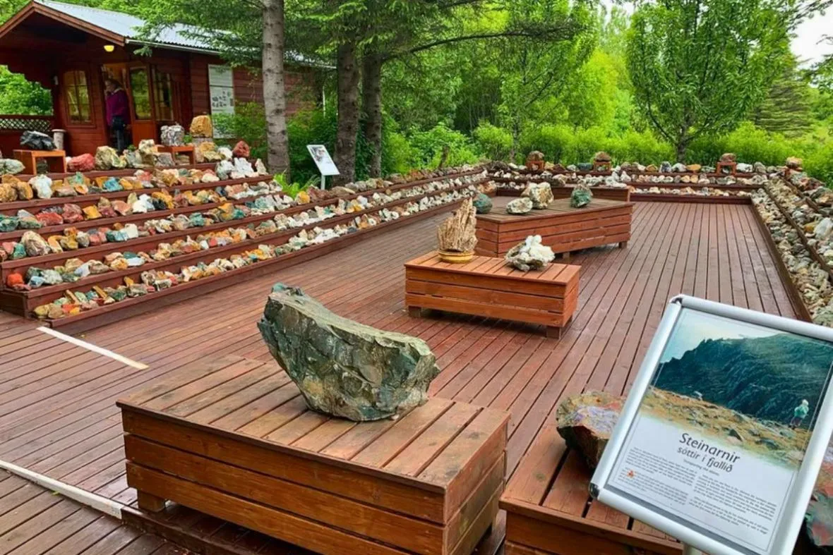 Unique Icelandic rocks, minerals, and geological information signs on display at Petra's Stone Collection.