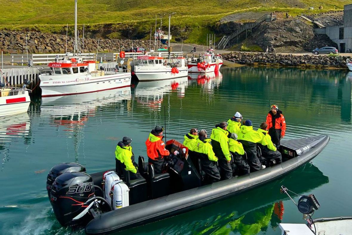 A group of tourists boarding a black RIB speedboat at the scenic Puffin Marina harbor.