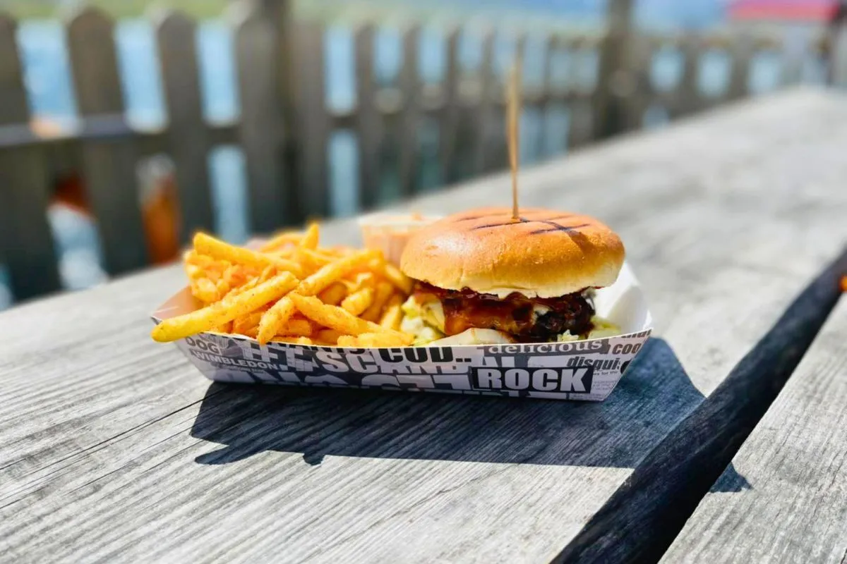 A juicy burger and french fries in a paper tray on an outdoor wooden picnic table.