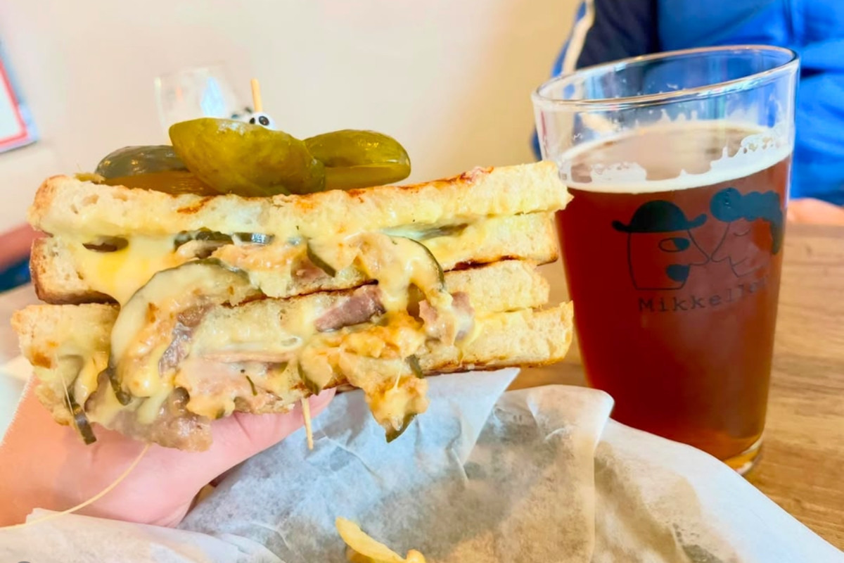 Grilled cheese sandwich and a glass of beer